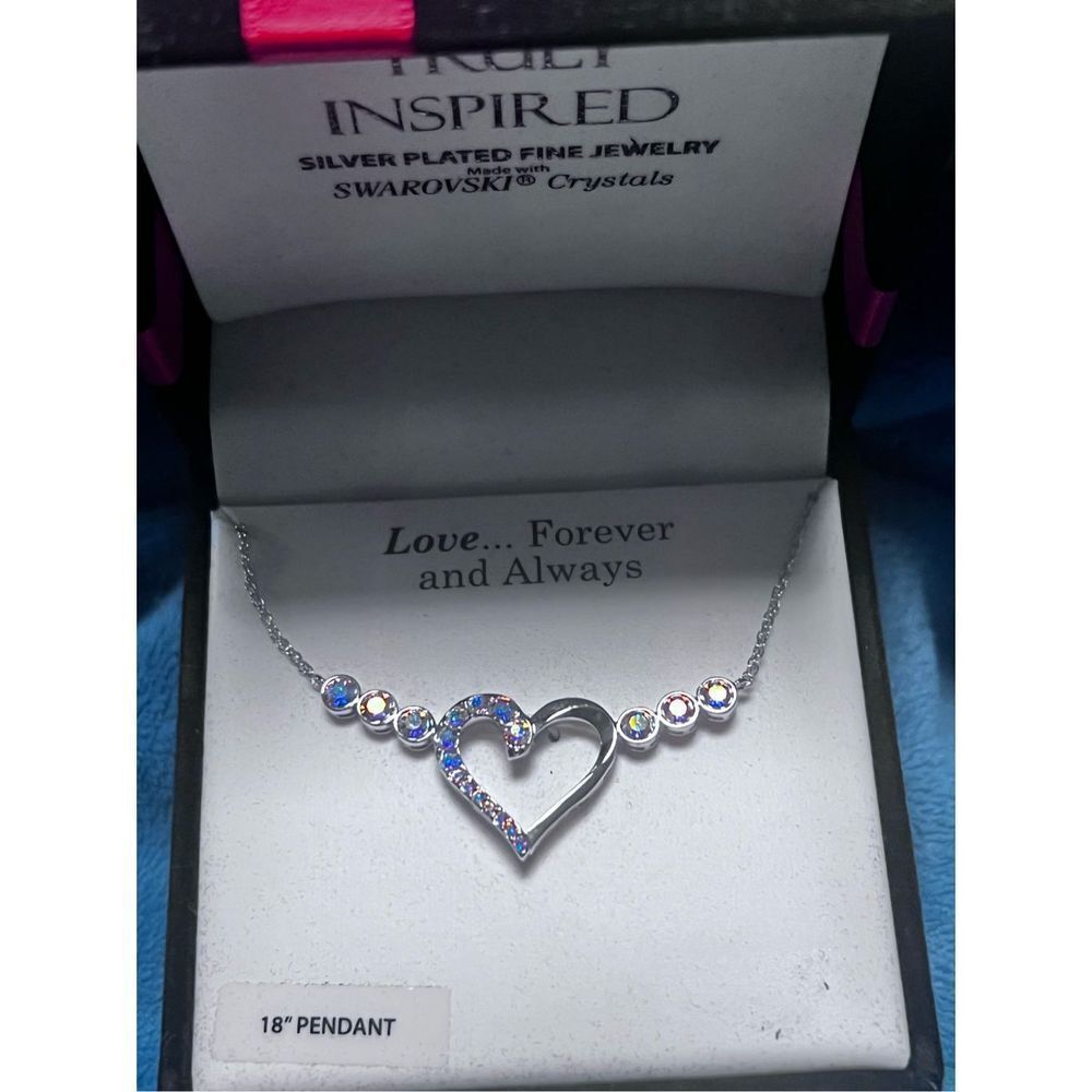 New Truly Inspired Silver Plated AB Swarovski Crystal Heart Love Necklace 18”